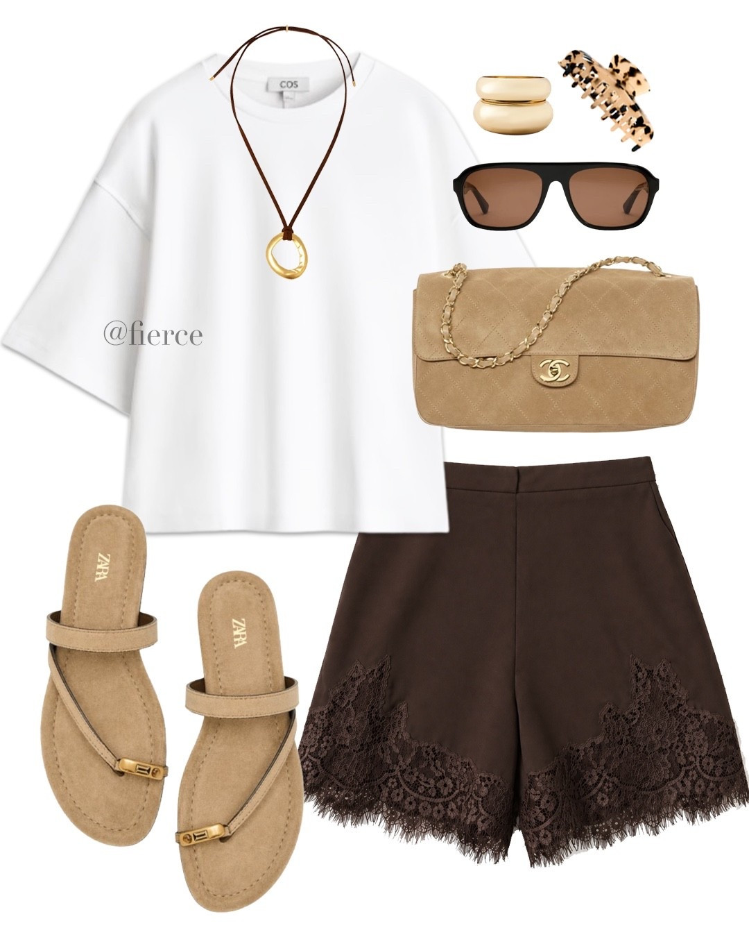 White oversized tshirt brown lace shorts chanel suede bag beige suede flat sandals brown oversized sunglasses 

#LTKuk #LTKeurope #LTKsummer
