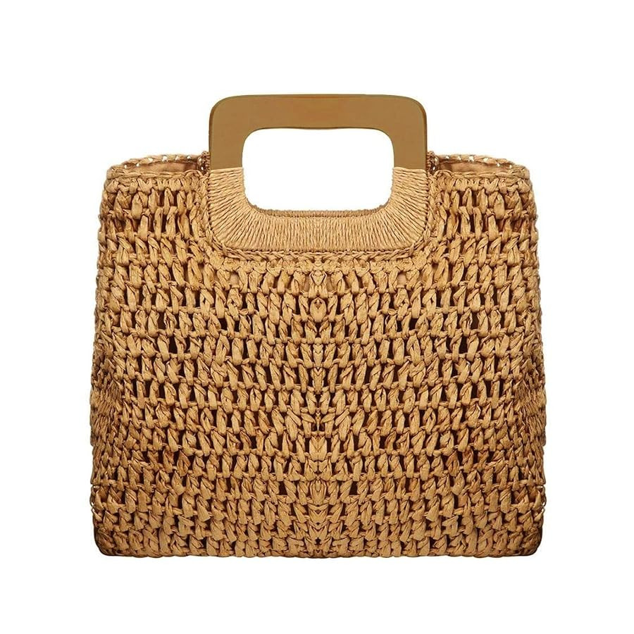 Straw Tote Bag with Wooden Handle Women Hobo Woven Handbag Summer Beach Travel (brown) | Amazon (US)