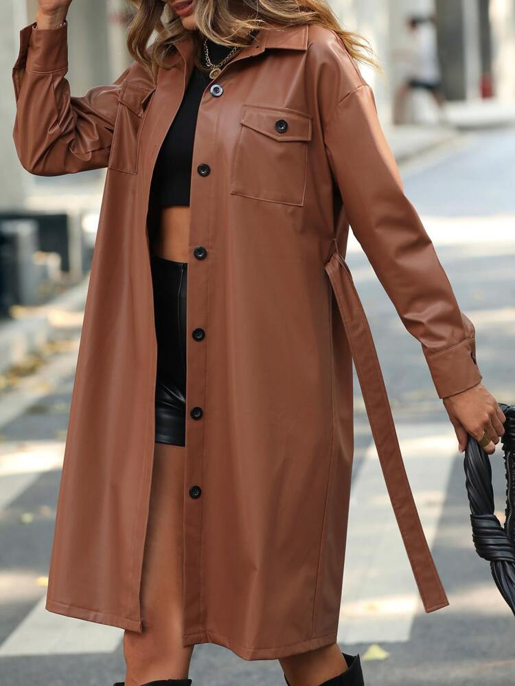 Flap Pocket Drop Shoulder Belted PU Coat | SHEIN