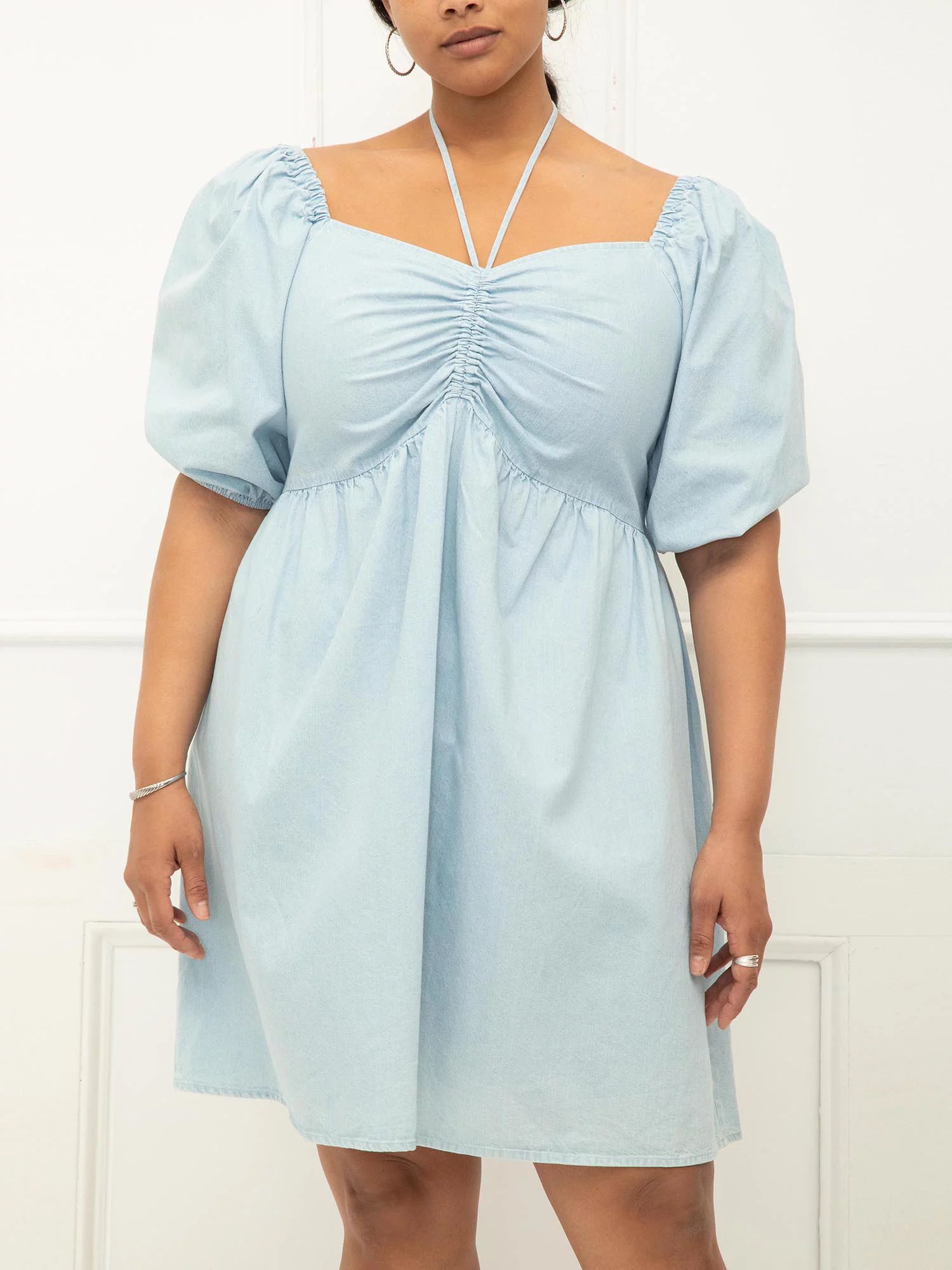 Eloquii Elements Women's Chambray Tie Neck Puff Sleeve Dress | Walmart (US)