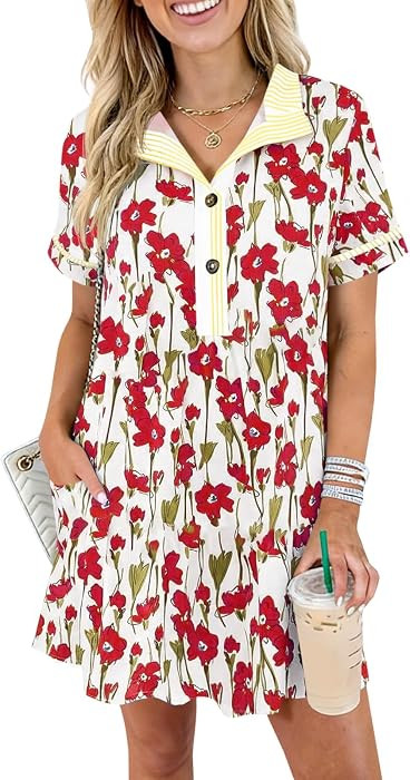 Wenrine Womens Floral Mini Dress Short Sleeve Summer Boho Dresses | Amazon (US)