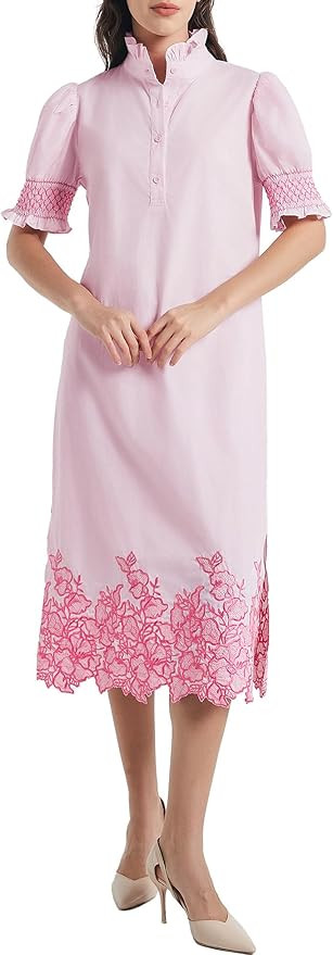 Womens Casual Shirt Dress Button Down Short Sleeve Midi Dress Flower Embroidery Slit Spring Summe... | Amazon (US)