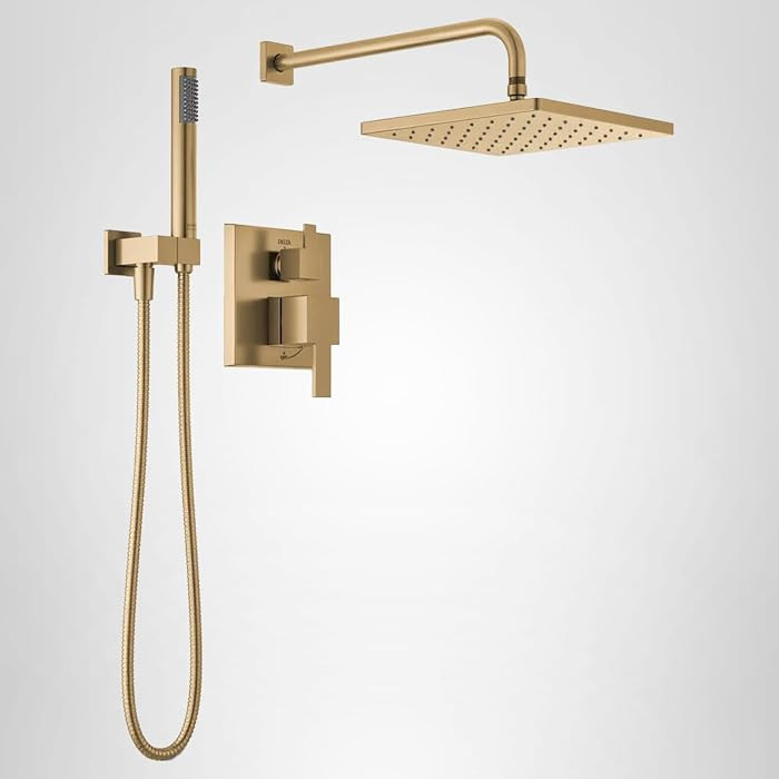 Delta Modern 14 Series Square Rain Shower System Faucet Set, Rainfall Brushed Gold Shower Head an... | Amazon (US)