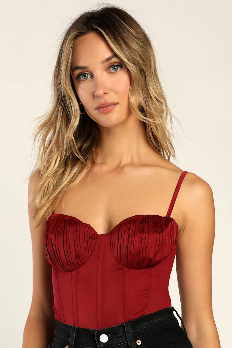 Pleat The Rush Burgundy Pleated Bustier Bodysuit | Lulus (US)