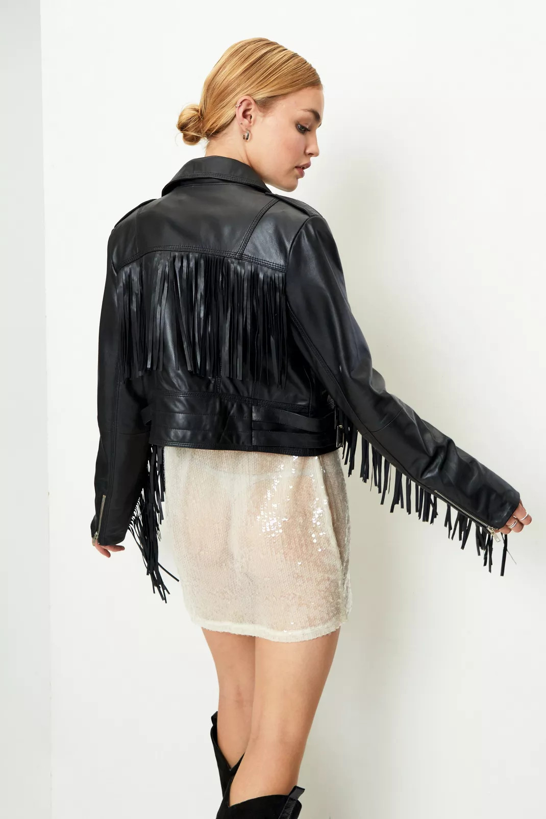 Real Leather Crop Fringe Detail Biker Jacket | Nasty Gal (US)