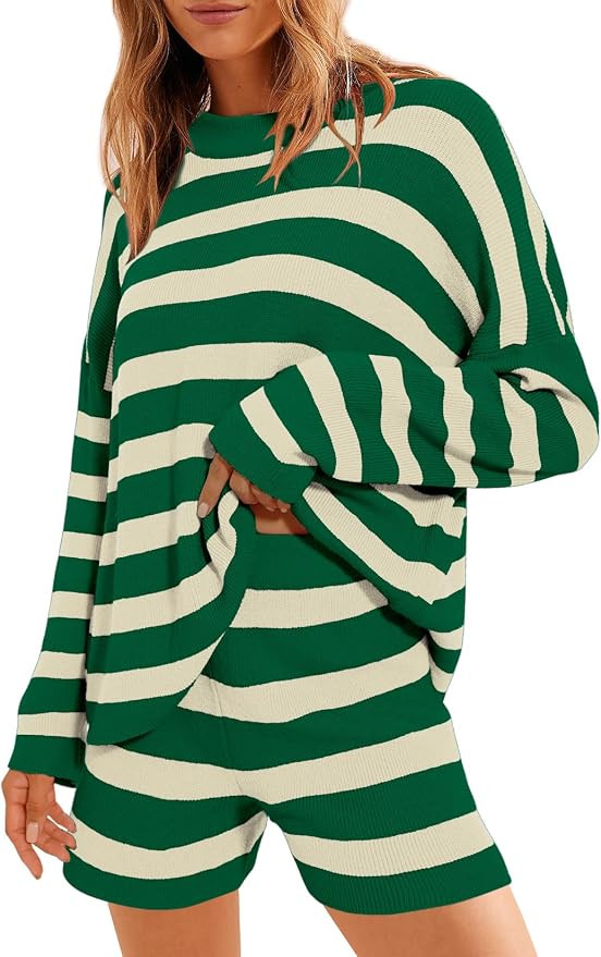 Balimtoy Women Striped Sweater Set Oversized Lounge Set Matching Pajama Sets Knit Long Sleeve 2 P... | Amazon (US)