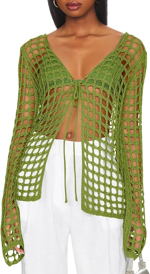 Saodimallsu Womens Long Sleeve Swimsuit Coverup Crochet Hollow Out Tie Front Swim Cover Up Knit C... | Amazon (US)