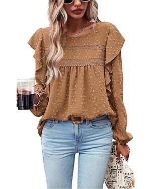 PRETTYGARDEN Women's Long Sleeve Blouses Ruffle Swiss Dot Crochet Loose Fit 2023 Fall Tunic Dress... | Amazon (US)
