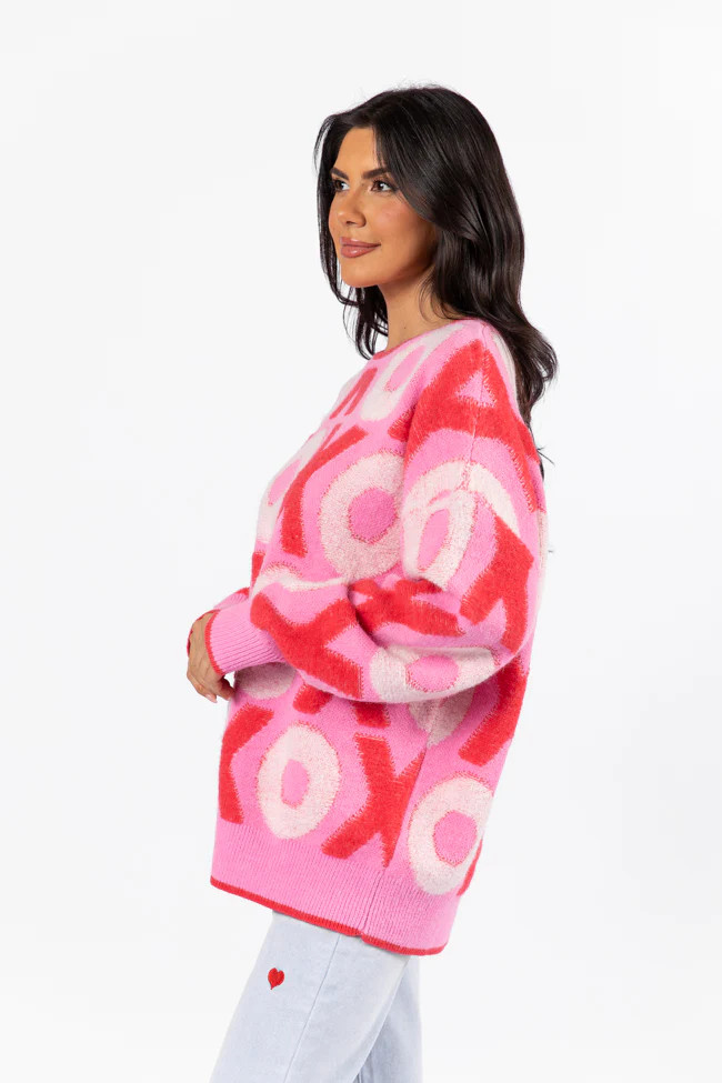 Hugs and Kisses Pink and Red Multi Embroidered Sweater | Pink Lily