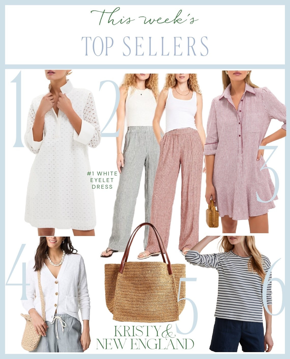 Top Sellers of the Week #1 White Eyelet Dress #2 Striped Linen Pants #3 V-neck Beach Sweater # Straw Beach Tote # Navy & White Striped Tee

#LTKSummerEdit #LTKItBag #LTKOver40