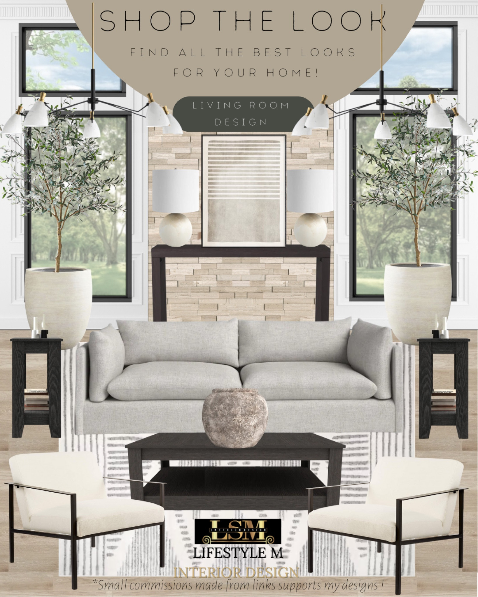 Living room idea. Black wood coffee table, black wood end table, upholstered metal frame accent chair, wood console table, grey sofa, stripped living room rug, wall art, round table lamps, ceramic jar vase, ceramic tree planter pot, realistic fake tree, modern living room chandelier, stone wall tile.

#LTKFind #LTKstyletip #LTKhome