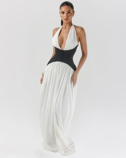 White and black halter corset maxi dress | Heiress Beverly Hills