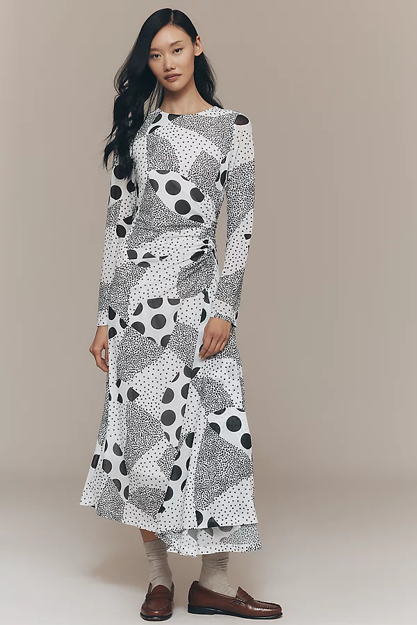 By Anthropologie Long-Sleeve Ruched Mesh Midi Dress | Anthropologie (US)