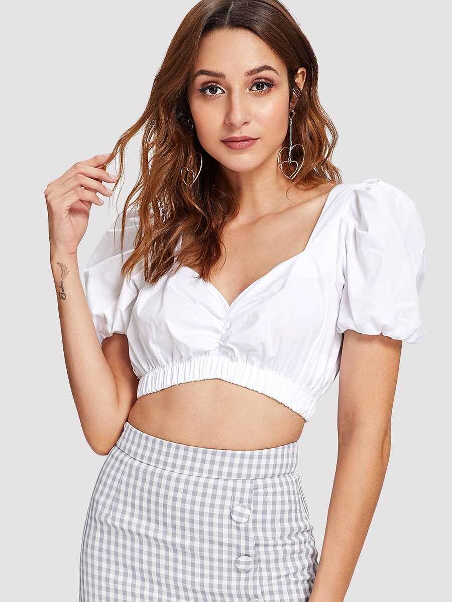 Puff Sleeve Ruched Detail Crop Top | SHEIN
