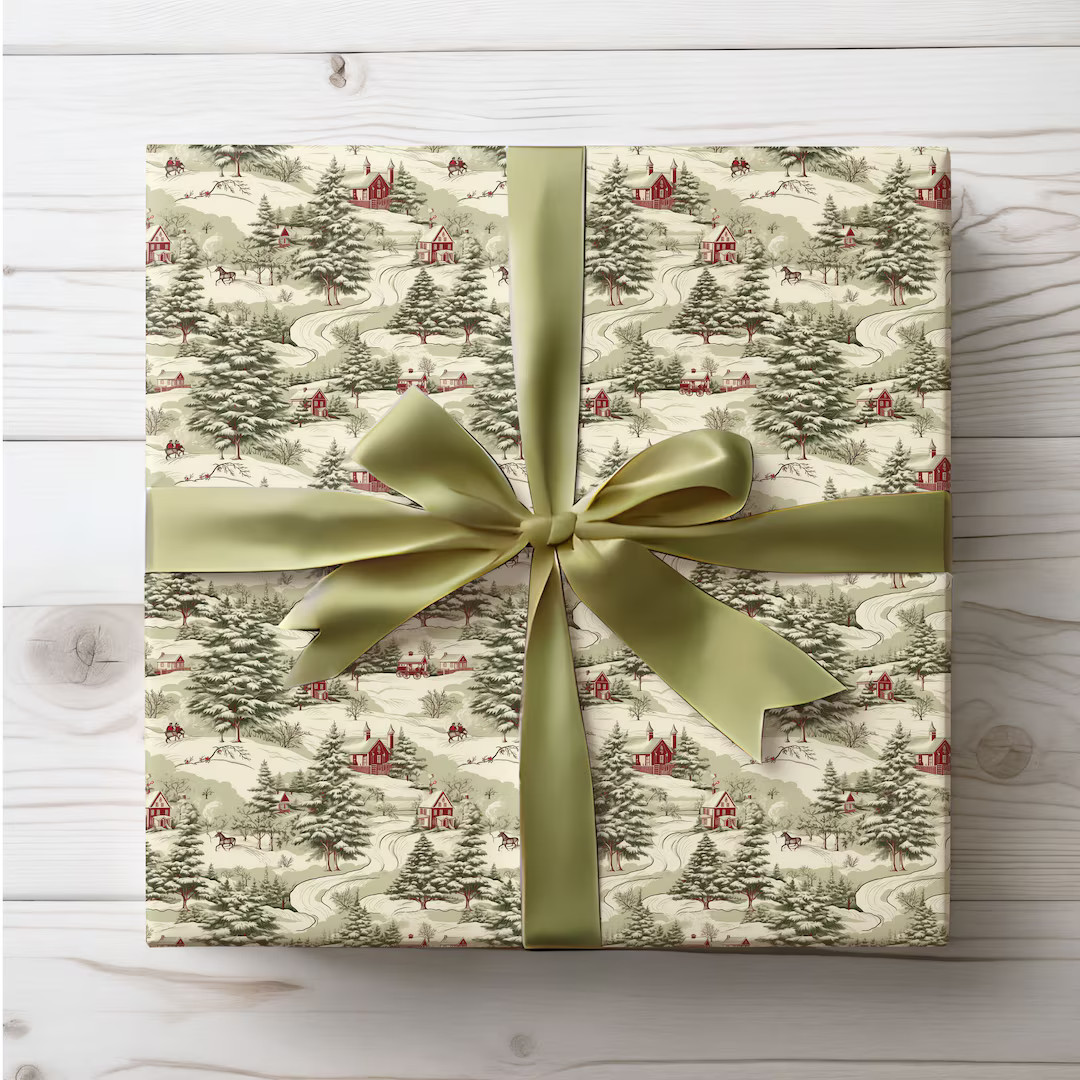 Vintage Christmas Toile Gift Wrapping Paper, Green Gift Wrap Roll, Holiday Wrapping Paper, Retro ... | Etsy (US)