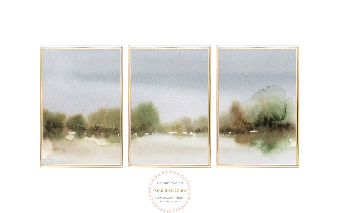 Neutral Green Brown Trees Landscape Printable Wall Art Set of 3 Print, Abstract Minimalist Instan... | Etsy (US)