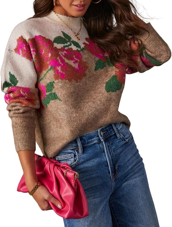 Women's Flower Sweater Crew Neck Casual Long Sleeve Drop Shoulder Pullover Sweaters Knit Top | Amazon (US)