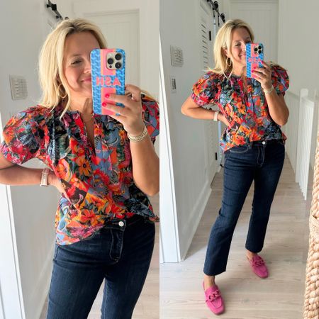Loving this floral print for summer into fall. Top is size small. Jeans size 27. Code FANCY15 for 15% off  

#LTKsalealert #LTKFind #LTKunder100