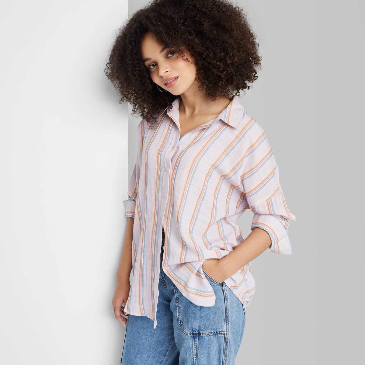Women's Long Sleeve Oversized Button-Down Shirt - Wild Fable™ Lavender Striped XXS | Target