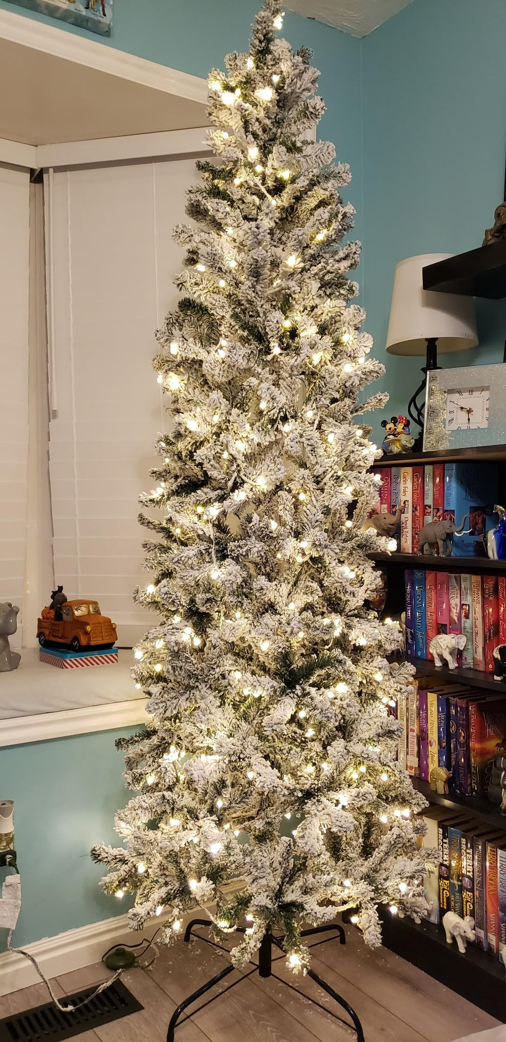 Best Choice Products Flocked Pencil Christmas Tree, Pre-Lit Slim Artificial Holiday Decoration, 9ft Lighted Skinny w/Base, Warm White Lights | Amazon (US)