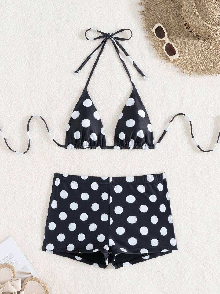 2pcs/Set Women's Black&White Random Polka Dot Print Double Fabric Triangle Bikini Top And Briefs ... | SHEIN