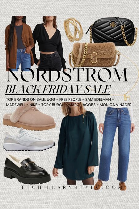 Nordstrom Black Friday Sale: Top brands on sale at Nordstrom. UGG, Madewell, Free People, Nike, Tory Burch, Marc Jacobs, Sam Edelman, Monica Vinader. Denim, silk dress, holiday dress, loafers, sneaker, slippers, crossbody bag, quilted handbag, Sherpa handbag, Sherpa loafers, sweater, cardigan, wrap sweater, ring, gold necklace.

#LTKsalealert #LTKCyberWeek #LTKstyletip