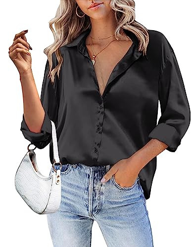 HOTOUCH Womens Black Dressy Tops Satin Button Down Shirt Silk Long Sleeve V-Neck Oversized Formal Work Spring Blouse Black L | Amazon (US)