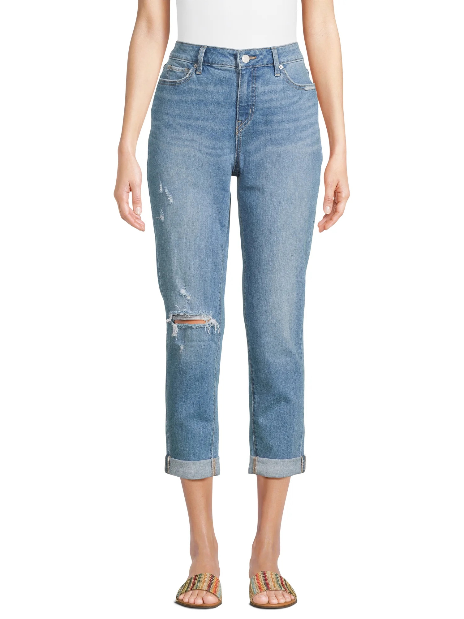 Time and Tru Women's Mid Rise Cropped Boyfriend Jeans with Rolled Cuffs, 26” Inseam, Sizes 2-20 | Walmart (US)