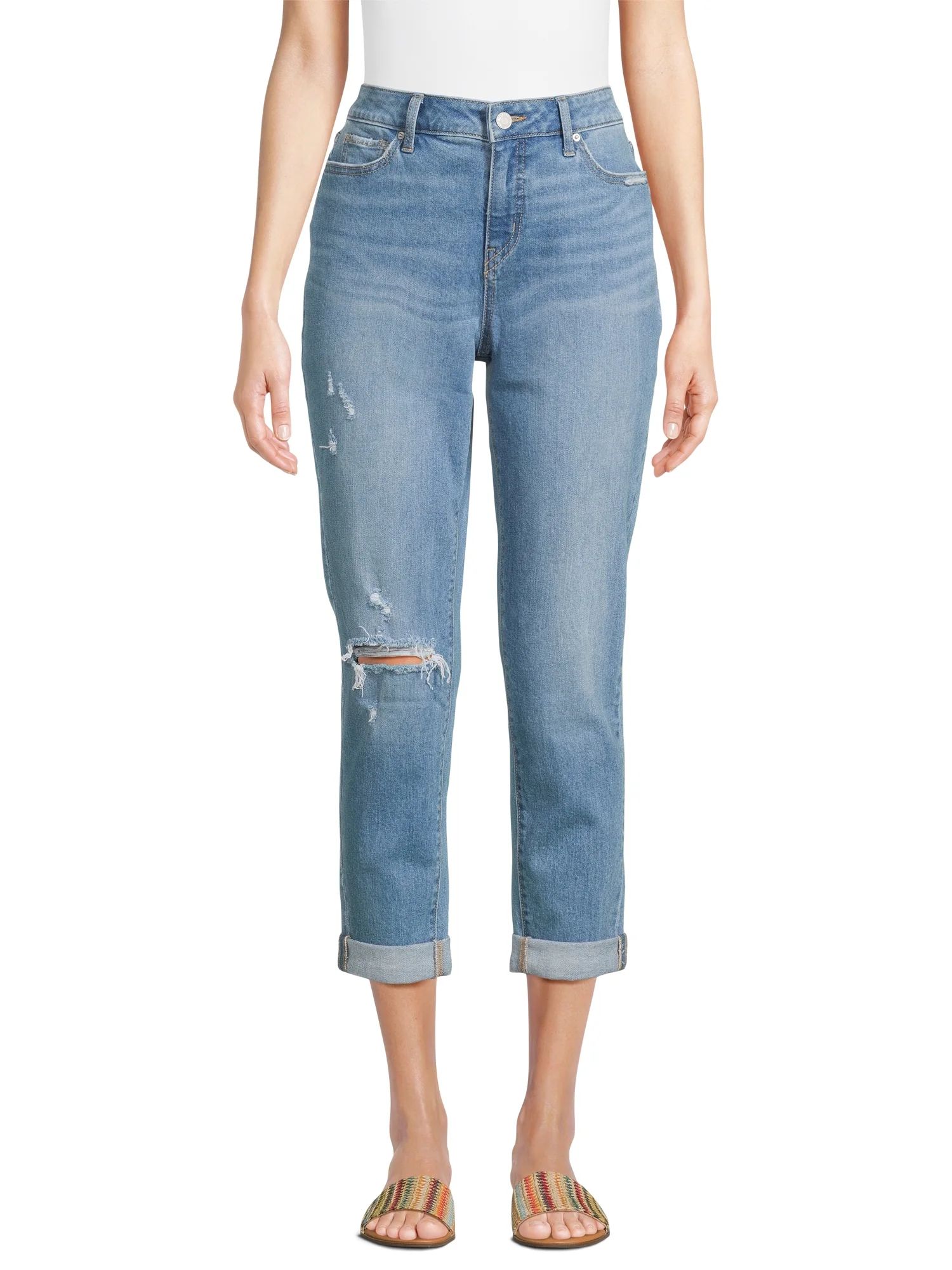 Time and Tru Women's Mid Rise Cropped Boyfriend Jeans with Rolled Cuffs, 26” Inseam, Sizes 2-20... | Walmart (US)