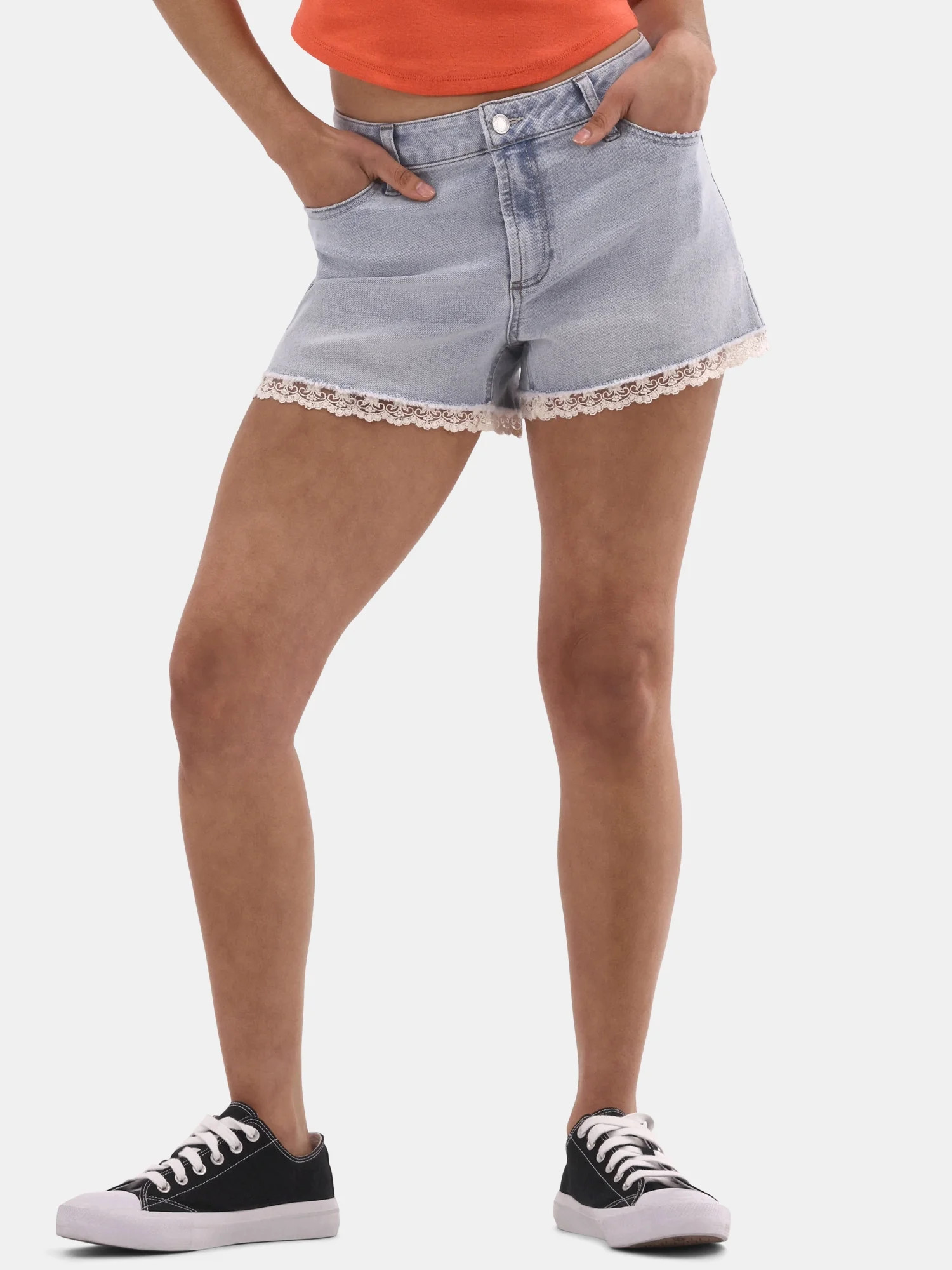 No Boundaries Denim Shorts with Crochet Lace Trim, 3'' Inseam, Women's and Women's Plus | Walmart (US)