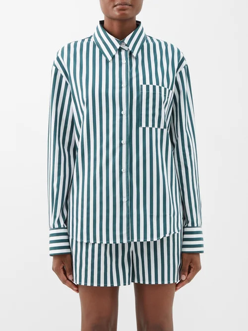 The Frankie Shop - Lui Patch-pocket Striped Cotton-poplin Shirt - Womens - Green White | Matches (US)