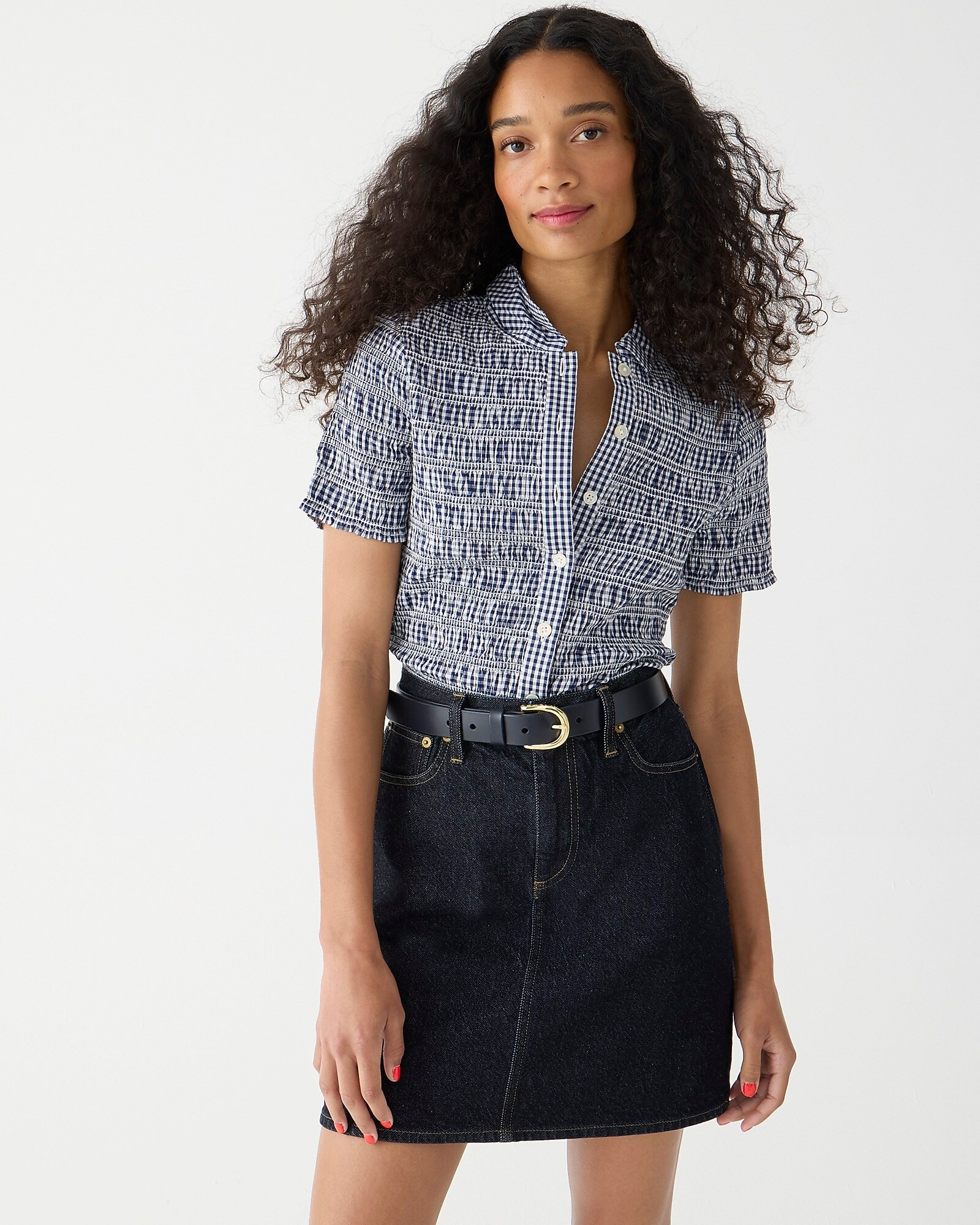 Smocked button-up shirt in gingham cotton voile | J. Crew US