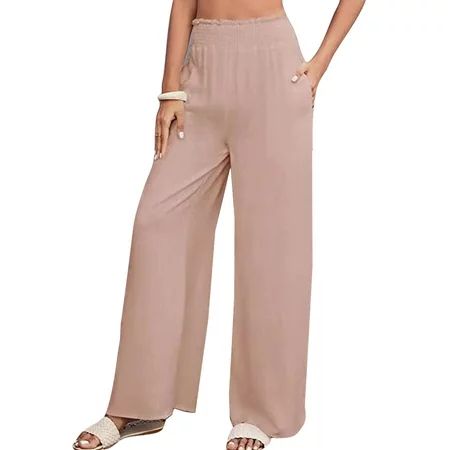 Jusddie Women Pants High Waist Casual Loungewear Solid Color Beach Palazzo Pant Wide Leg Summer Ligh | Walmart (US)