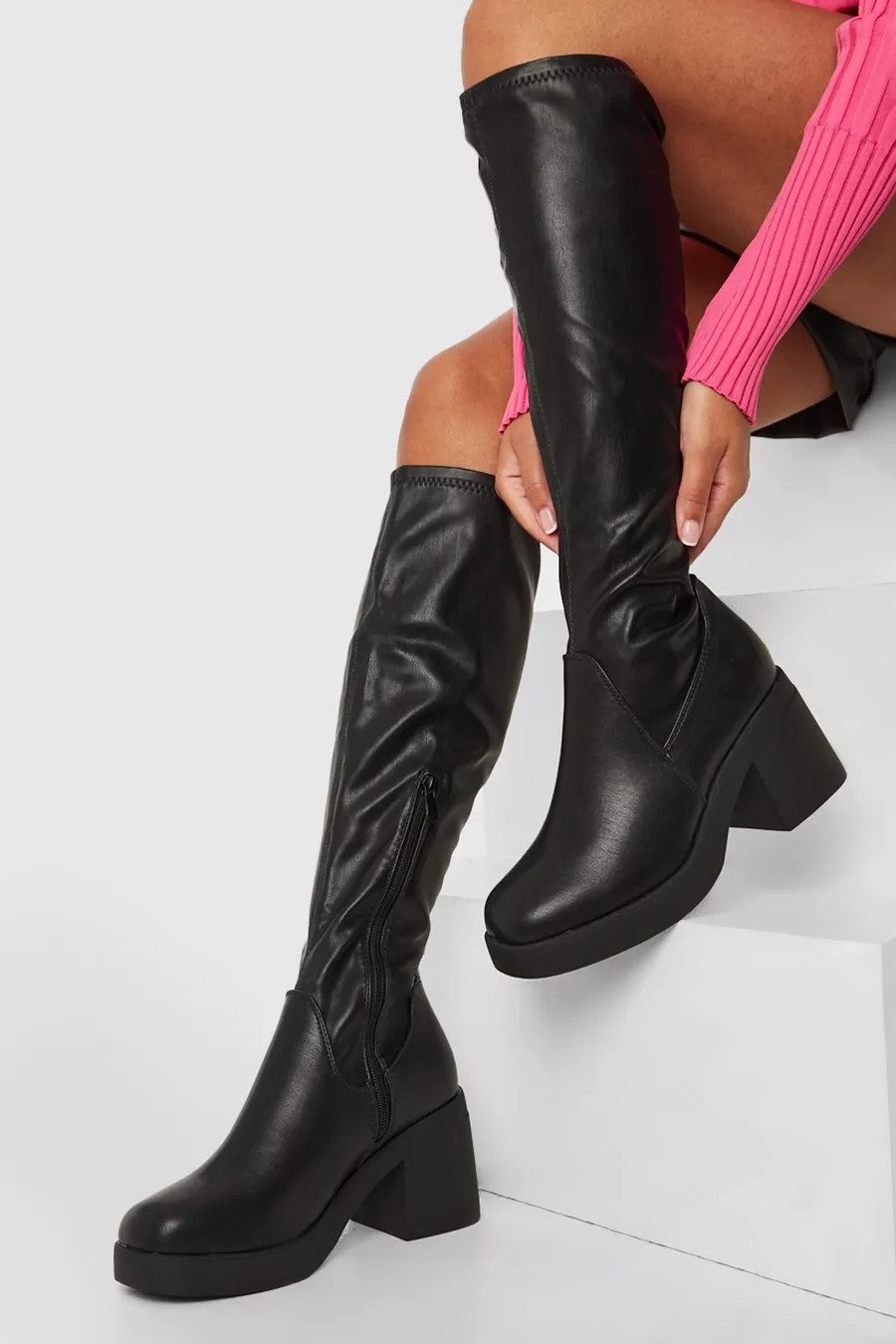Wide Fit Stretch Block Heel Calf High Boots | Boohoo.com (UK & IE)