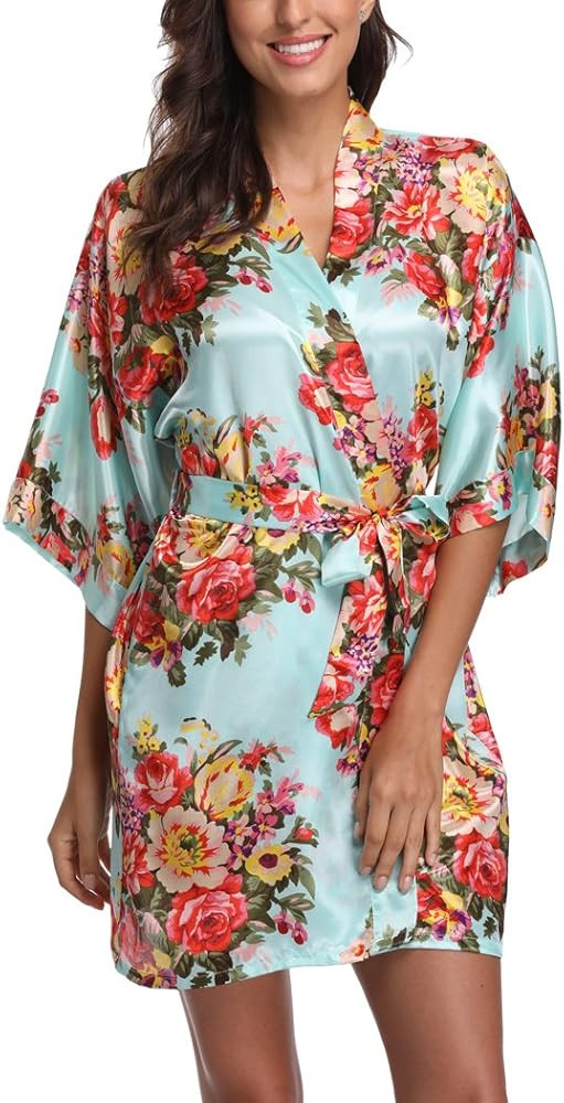 Satin Floral Kimono Robes for Women Short Bridesmaid and Bride Robe for Wedding Party | Amazon (US)