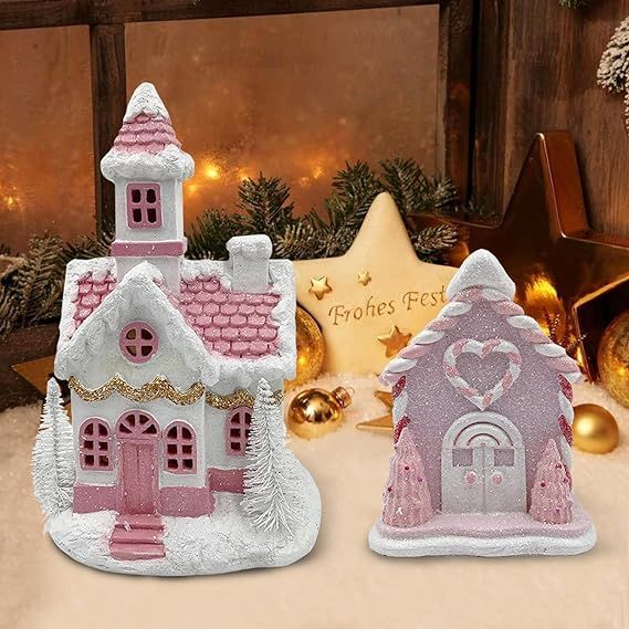 Christmas Village Pink Christmas Village House 2 Pcs Decor Tabletop with Led Lights Christmas Vac... | Amazon (US)