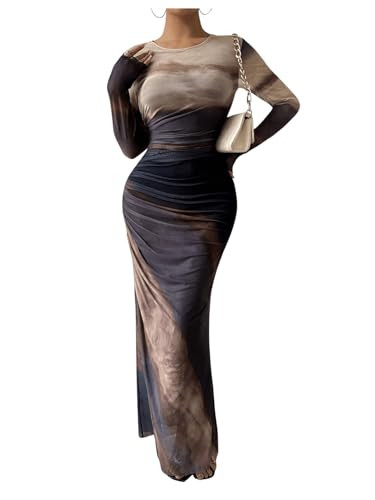 BEAUDRM Women's Tie Dye Ruched Long Sleeve Dress Mesh Slim Fit Bodycon Maxi Dresses Light Grey Large | Amazon (US)