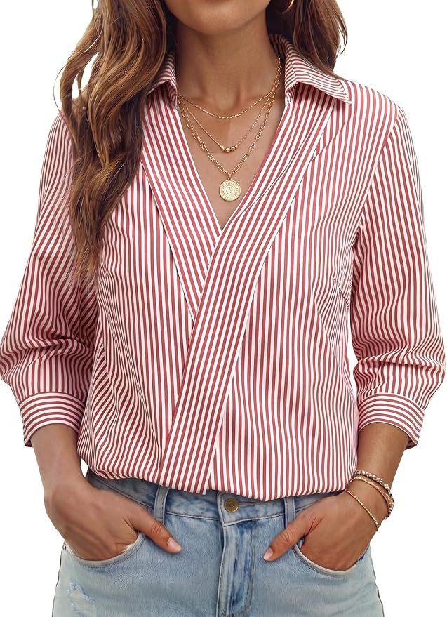 Dokotoo 3/4 Length Sleeve Womens Tops V Neck Collared Striped Shirts | Fall Outfits for Women 202... | Amazon (US)