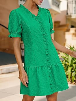 Wenrine Womens Casual Mini Dress Textured Puff Short Sleeve V Neck Ruffle Loose A Line Summer Dre... | Amazon (US)