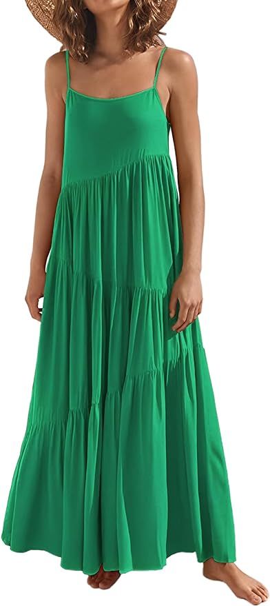 LCRRRN Womens Summer Dresses Loose Sleeveless Spaghetti Strap Asymmetric Tiered Maxi Dress | Amazon (US)