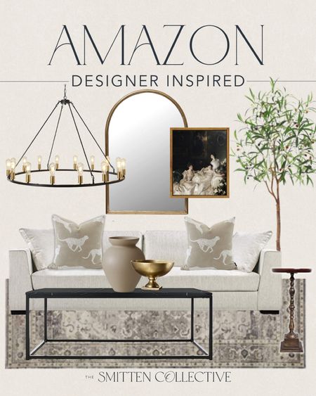 Designer inspired Amazon home decor! Obsessed with the throw pillows!

sofa, rug, coffee table, wheel chandelier, olive tree, art, arch mirror, accent table, vase, compote 