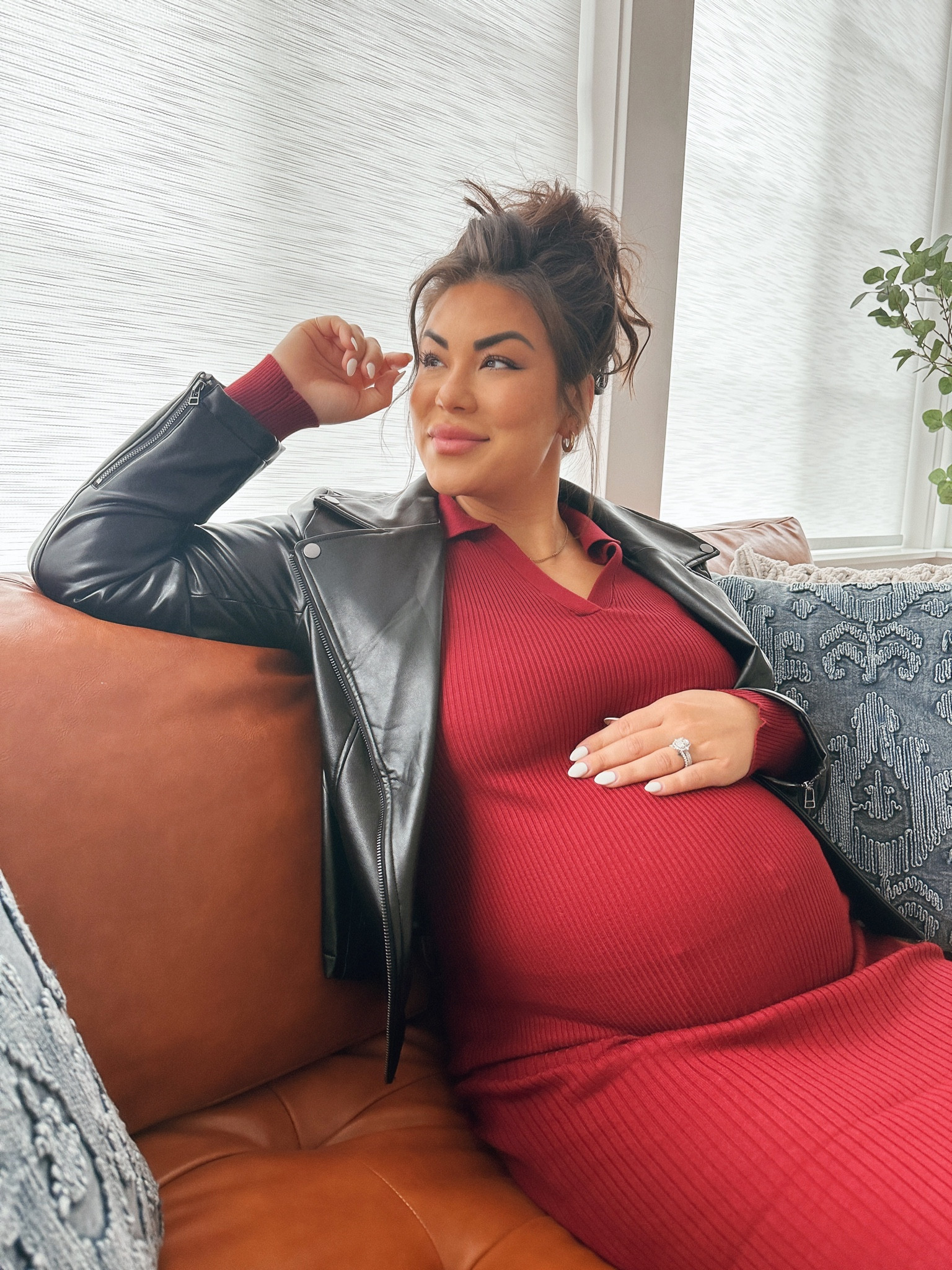 Third trimester fall outfit / fall bump ootd / maternity outfit inspo / daily thread / knit dress / faux leather jacket / postpartum and post baby friendly / quality basics 

#LTKSeasonal #LTKstyletip #LTKbump