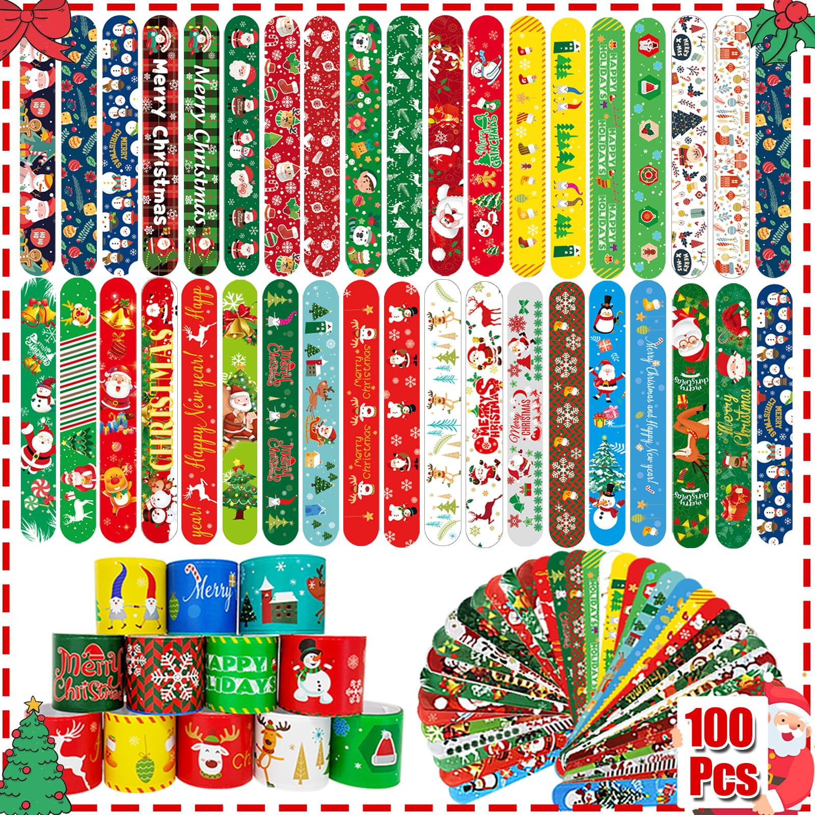 100Pcs Christmas Slap Bracelets Bulk, Christmas Toys Party Favors Fidget Toys, Xmas Snap Wristban... | Amazon (US)