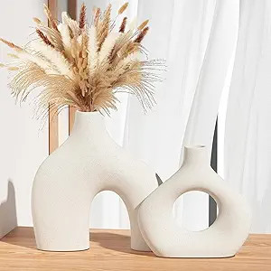 White Ceramic Vase Set of 2, Pampas Grass Vases for Home Decor, Round Matte Boho Vases for Flower... | Amazon (US)
