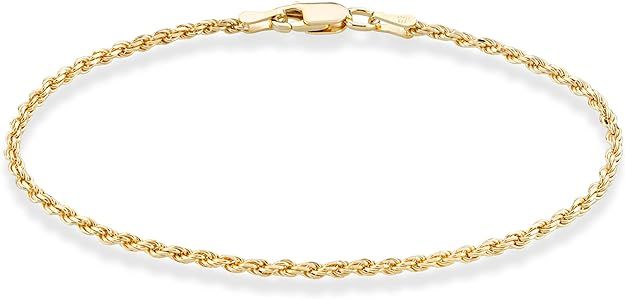 Miabella 18K Gold Over Sterling Silver Italian 2mm, 3mm Diamond-Cut Braided Rope Chain Bracelet f... | Amazon (US)