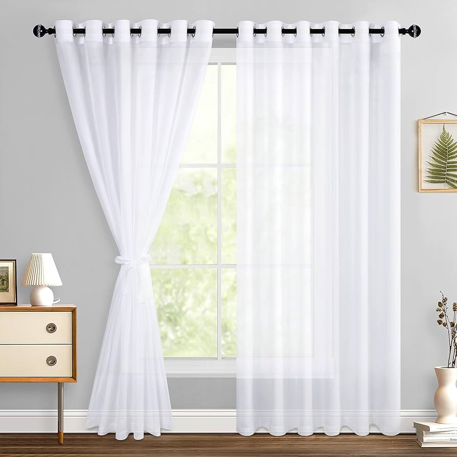 Hiasan White Sheer Curtains for Bedroom with Tiebacks, Grommet Light Filtering Extra Wide Voile T... | Amazon (US)