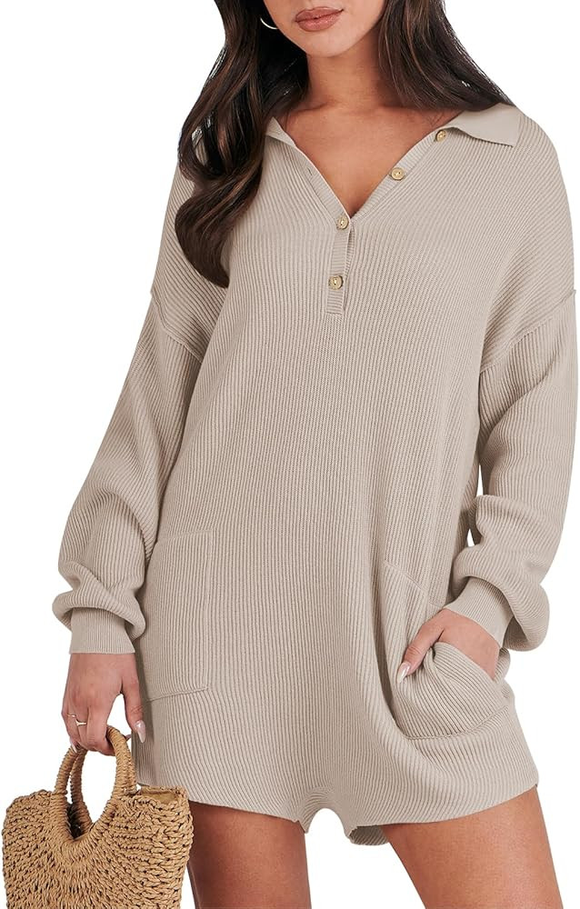Caracilia Women Long Sleeve Sweater Romper Button Down V Neck Onesie Knit Shorts Jumpsuit Loungew... | Amazon (US)