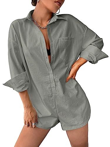 Floerns Women's Solid Button Down Long Sleeve Drop Shoulder Shirt Short Romper | Amazon (US)