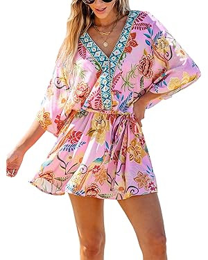 CUPSHE Women's Mini Dress V Neck Floral Half Dolman Sleeve Belted Loose Fit Short Summer Beach Dr... | Amazon (US)