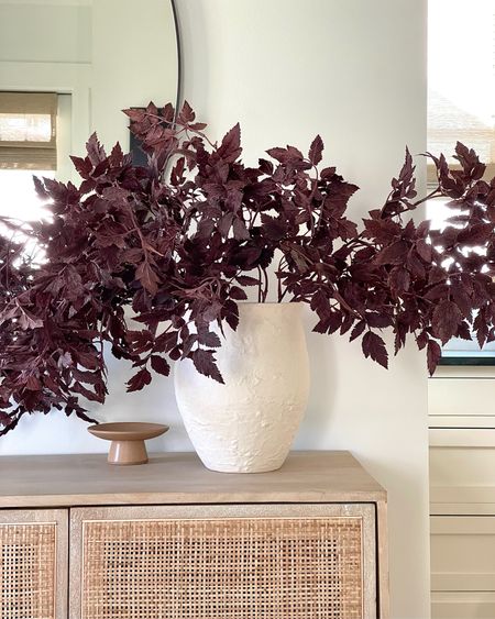 Fall decor.  Textured white vase.!cane furniture.  Cane credenza.  Burgundy stems. Faux fall stems.  Fall branches. Black round mirror 

#LTKhome #LTKFind #LTKSeasonal